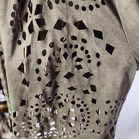 Vintage Soft Fringed Olive Green Cutwork Open Jacket Size M - Picture 4 of 7